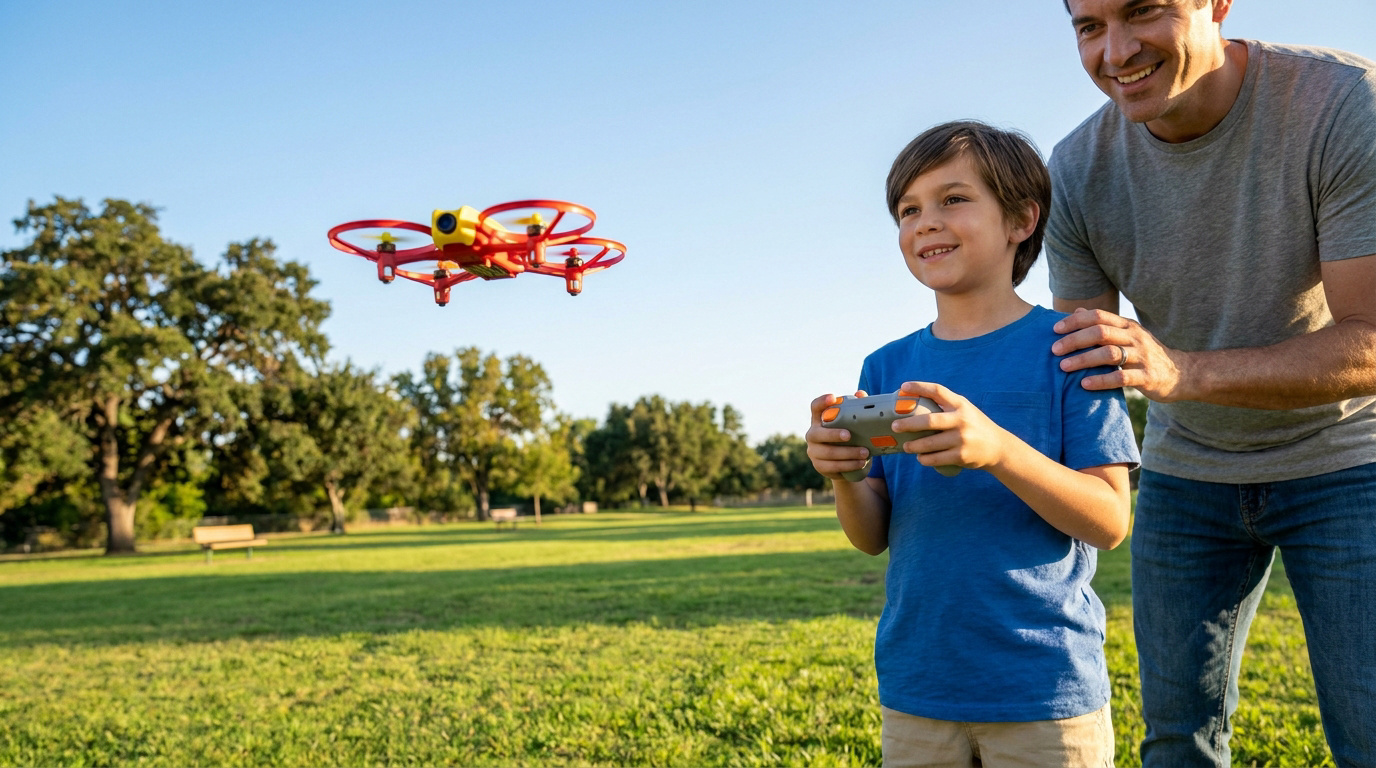 enfant pilotant un drone avec un parent